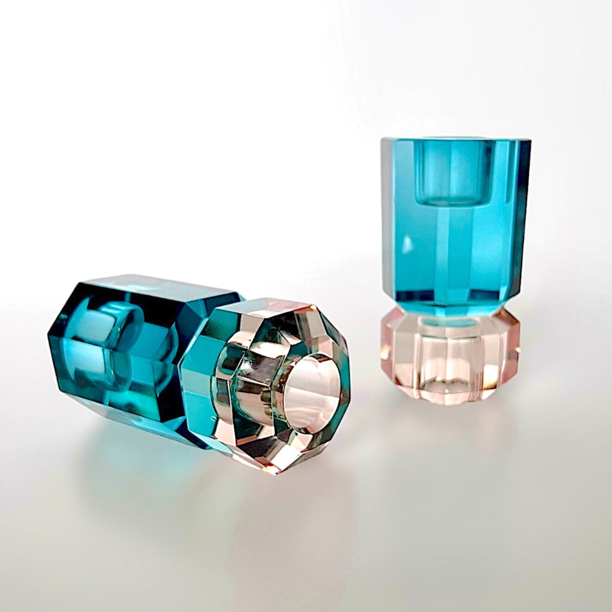 Bougeoir Géométrique en Cristal - Turquoise/Pêche