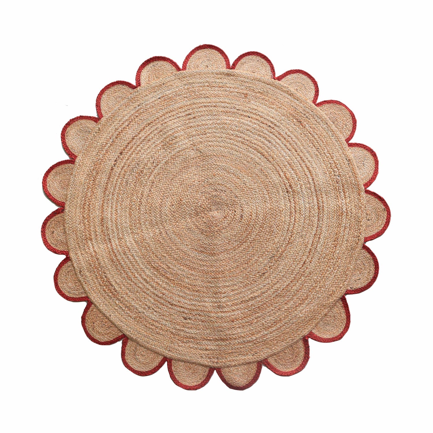 Round Scalloped Jute Rug - Red